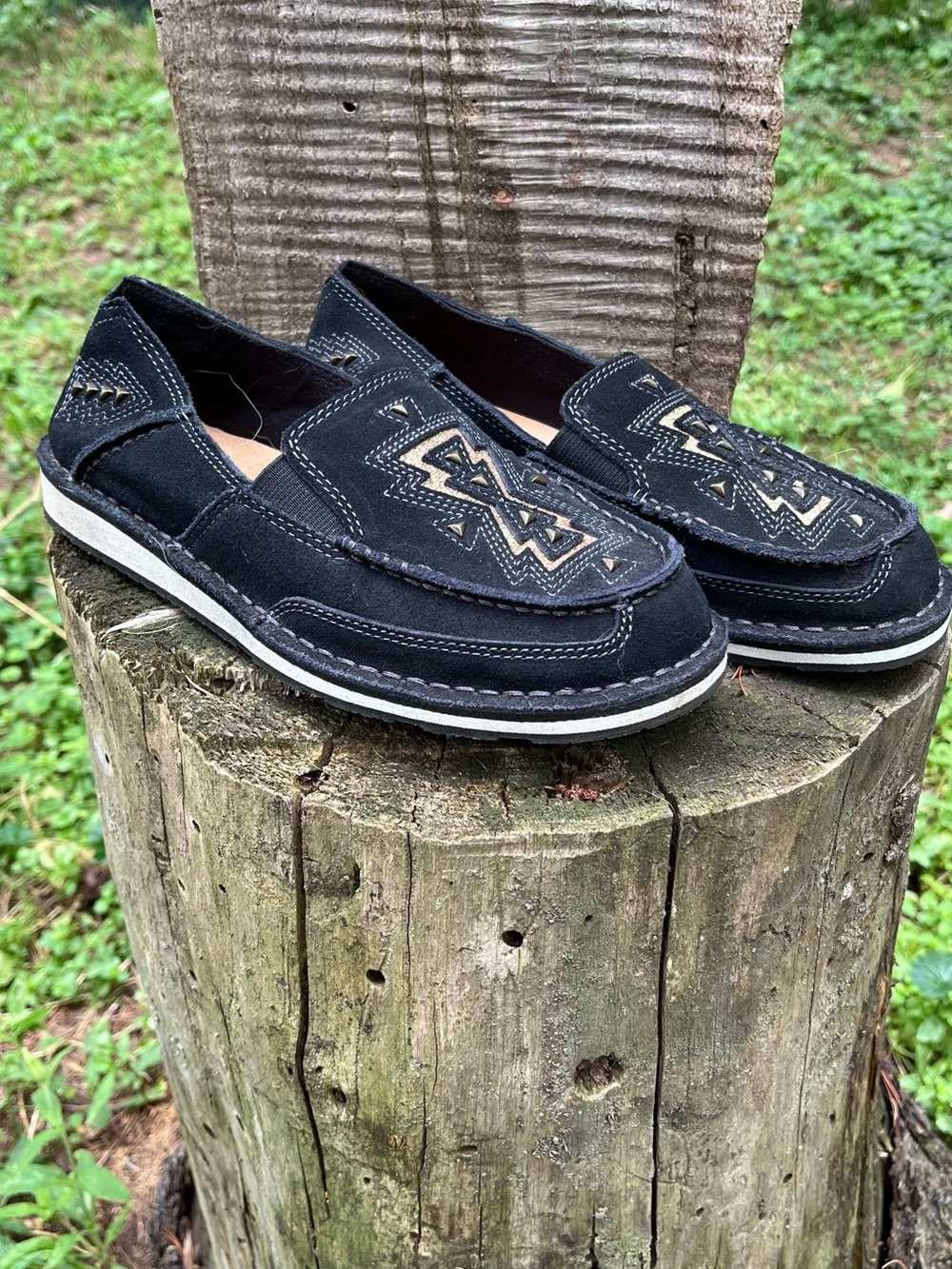 Ariat Black Suede Slip-On Loafers with Tan Embroidery
